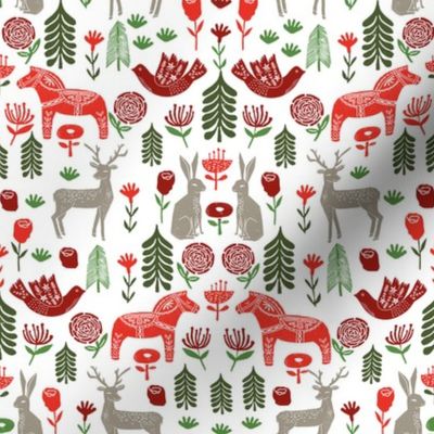 christmas folk fabric - christmas fabric, linocut fabric, block print fabric, dala horse fabric, scandi fabric, scandi christmas fabric, nordic christmas fabric - white multi