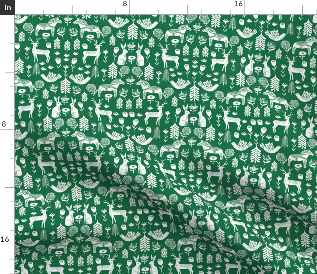 christmas folk fabric - christmas fabric, linocut fabric, block print fabric, dala horse fabric, scandi fabric, scandi christmas fabric, nordic christmas fabric -green