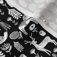 christmas folk fabric - christmas fabric, linocut fabric, block print fabric, dala horse fabric, scandi fabric, scandi christmas fabric, nordic christmas fabric - black and white