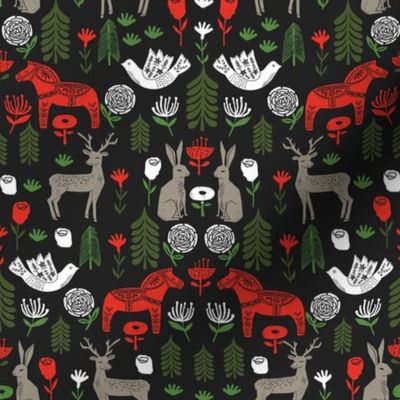 christmas folk fabric - christmas fabric, linocut fabric, block print fabric, dala horse fabric, scandi fabric, scandi christmas fabric, nordic christmas fabric - black