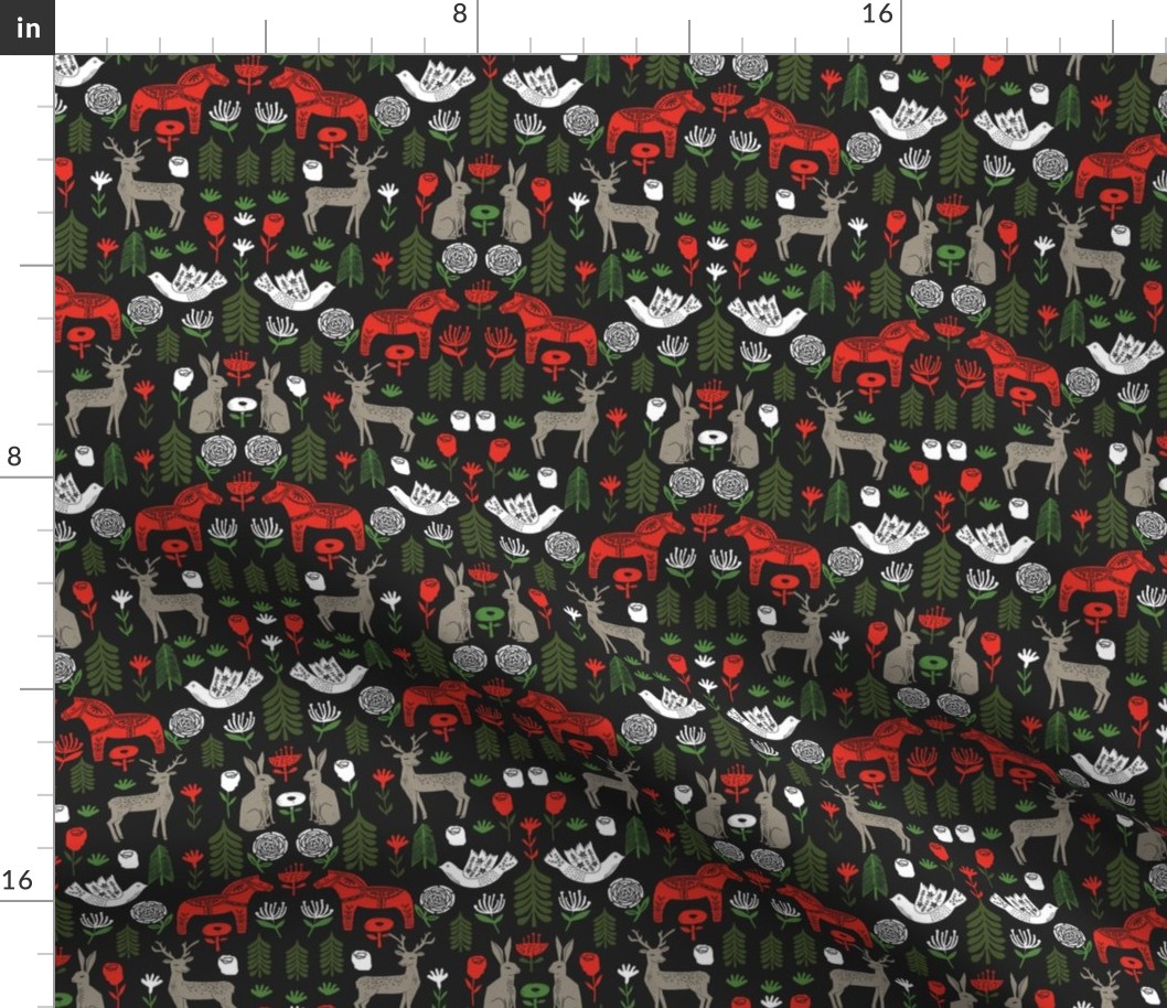 christmas folk fabric - christmas fabric, linocut fabric, block print fabric, dala horse fabric, scandi fabric, scandi christmas fabric, nordic christmas fabric - black