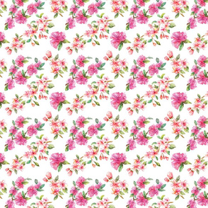 Spring pink blooming watercolor flowers seamless background on white