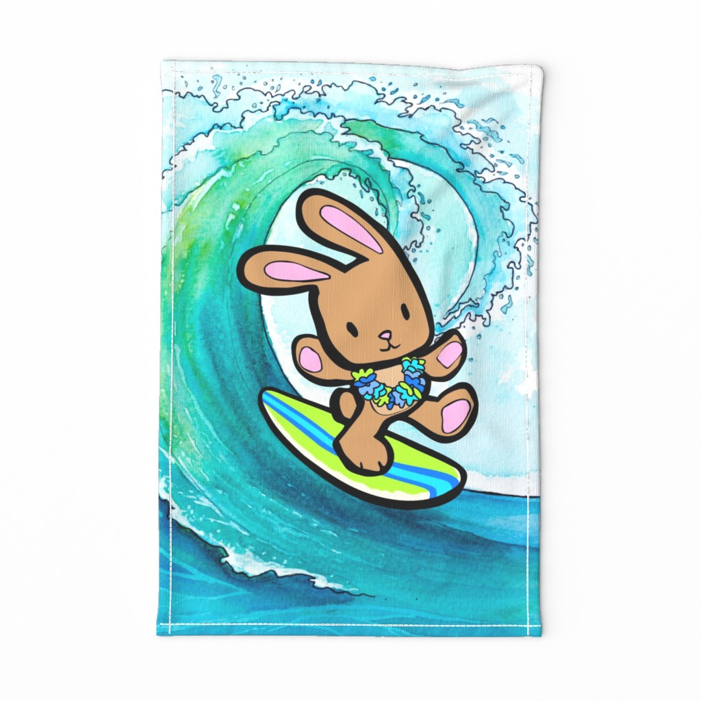 Hawaiian Surfing Bunny Tea Towel Wall Hanging Print