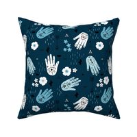 Boho hamsa western desert flowers and mountains modern icons navy blue winter