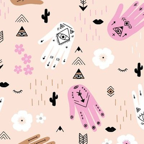 Boho hamsa western desert flowers and mountains modern icons sand pink copper