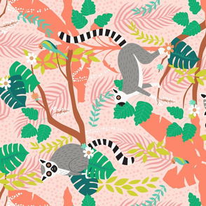 Lemurs in a Pink Jungle