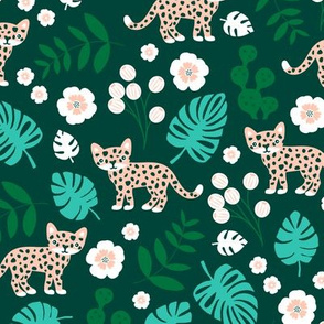 Sweet little wild cat tiger jungle botanical monstera palm leaves and flowers summer peach green mint