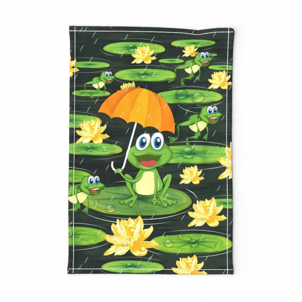 Frogs Enjoying Rain in Lily Pond