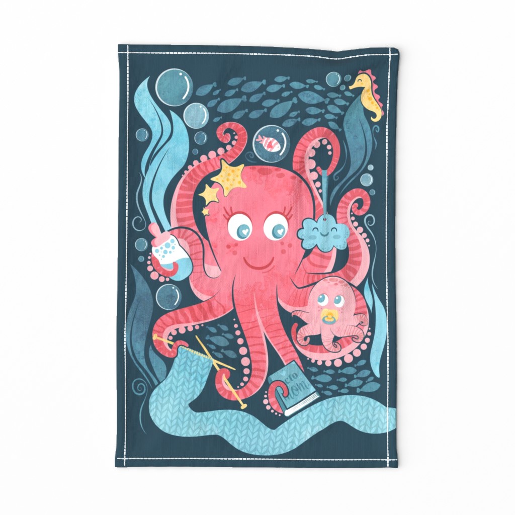 Octo mama tea towel // blue background red octopus and blue sea motifs