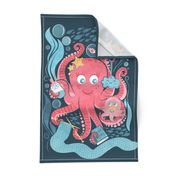 Octo mama tea towel // blue background red octopus and blue sea motifs