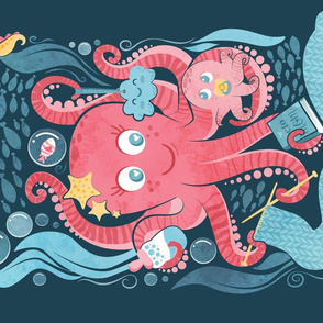 Octo mama tea towel // blue background red octopus and blue sea motifs