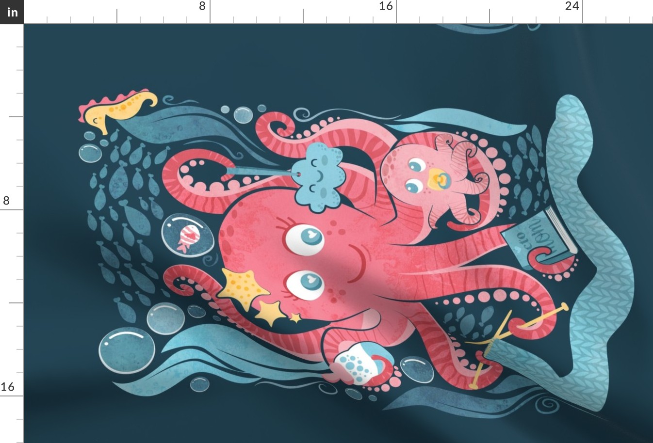Octo mama tea towel // blue background red octopus and blue sea motifs