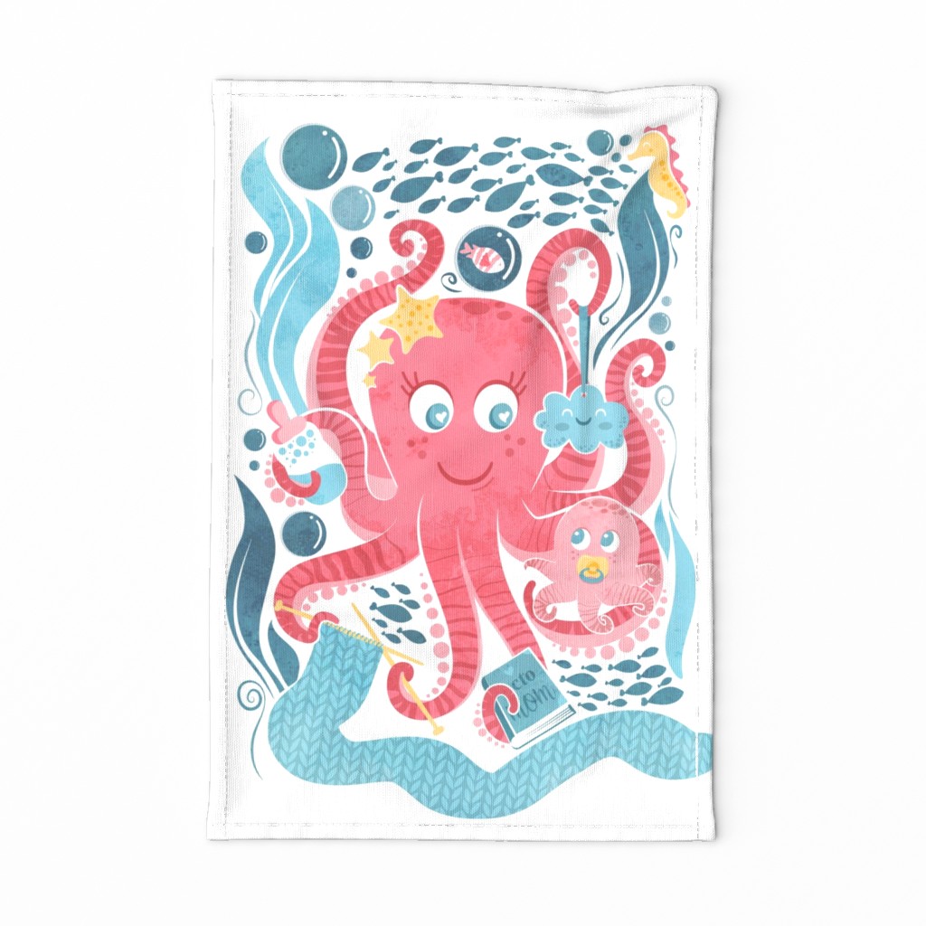 Octo mama tea towel // white background red octopus and blue sea motifs