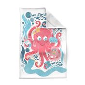 Octo mama tea towel // white background red octopus and blue sea motifs