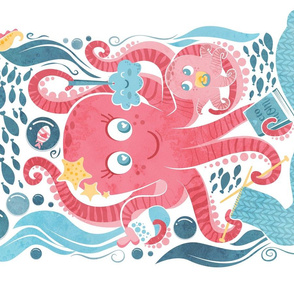 Octo mama tea towel // white background red octopus and blue sea motifs