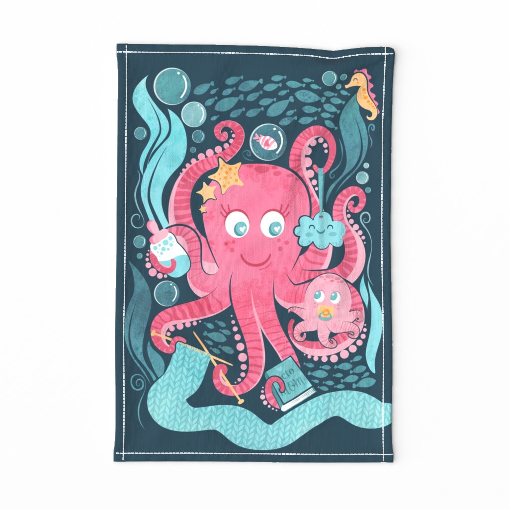 Octo mama tea towel // blue background pink octopus and teal sea motifs