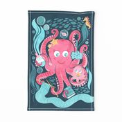 Octo mama tea towel // blue background pink octopus and teal sea motifs