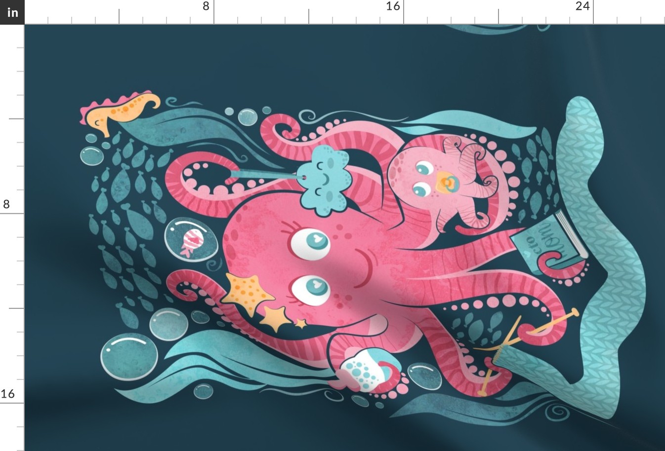 Octo mama tea towel // blue background pink octopus and teal sea motifs