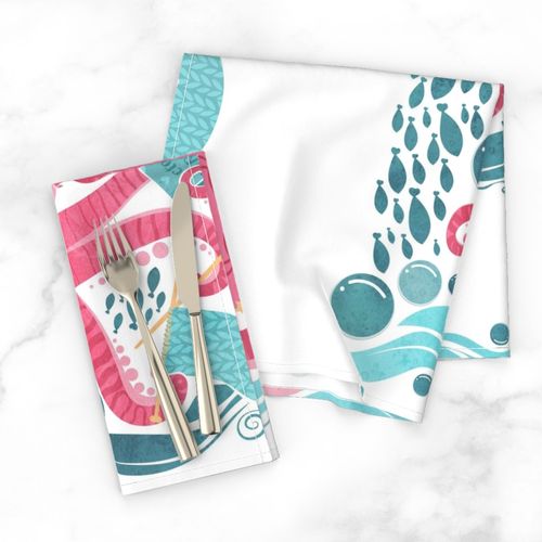 Octo mama tea towel // white background pink octopus and teal sea motifs