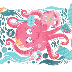 Octo mama tea towel // white background pink octopus and teal sea motifs