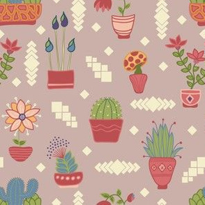 Potted Plants, Colorful Folk Flowers on Purple Pink, Geometric Motifs, Cactus