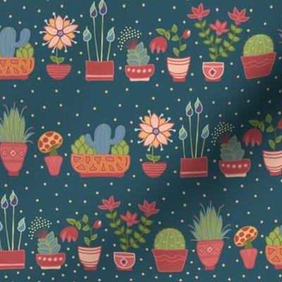 Potted Plants on line, Dark Background with Dots, Folk art Florals with pink Pots