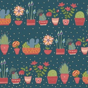 Potted Plants on line, Dark Background with Dots, Folk art Florals with pink Pots