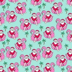 SMALL christmas in florida - santa flamingo, cute christmas, florida christmas, santa claus tropical fabric, flamingo float fabric, christmas -  mint