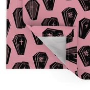 Halloween Coffins - black on pink - LAD19