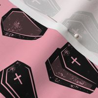 Halloween Coffins - black on pink - LAD19