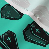 Halloween Coffins - black on teal - LAD19