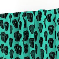 Halloween Coffins - black on teal - LAD19