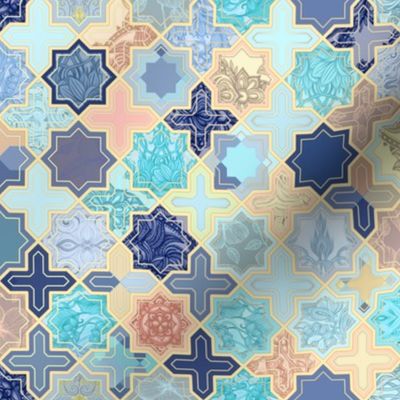 Navy, Peach and Aqua Moroccan Tile Pattern - small