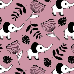 Little elephant jungle garden botanical leaves and flowers fall lilac dusty pink