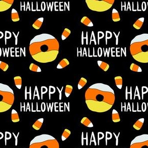 candy corn donuts fabric - happy halloween fabric, halloween fabric, trick or treat, cute, cute donuts, food, halloween food, cute fabrics -  black