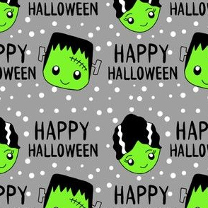 frankenstein and bride fabric - halloween fabric, cute halloween fabric, cute fabric, kawaii fabric, kawaii halloween, - grey