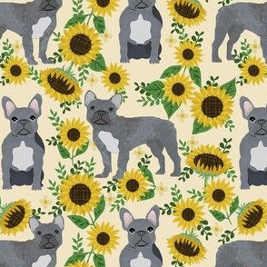 french bulldog sunflower fabric - frenchie fabric, grey french bulldog, grey frenchie fabric, sunflower fabric, cute dog fabric - cream