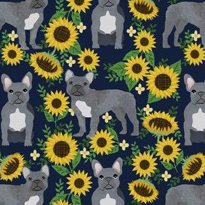 french bulldog sunflower fabric - frenchie fabric, grey french bulldog, grey frenchie fabric, sunflower fabric, cute dog fabric -  dark blue