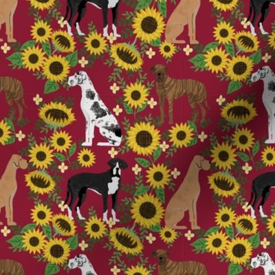 great dane sunflowers fabric - great dane fabric, dog fabric, sunflowers fabric, great danes fabric, cute dog - marroon