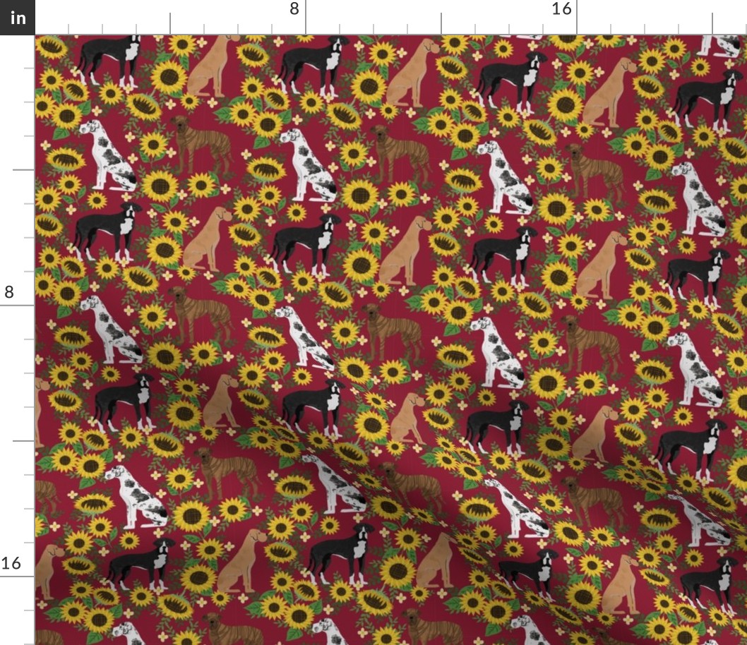 great dane sunflowers fabric - great dane fabric, dog fabric, sunflowers fabric, great danes fabric, cute dog - marroon