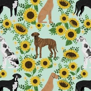 great dane sunflowers fabric - great dane fabric, dog fabric, sunflowers fabric, great danes fabric, cute dog - mint