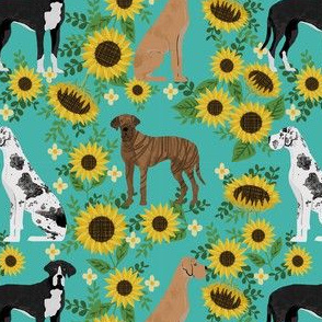 great dane sunflowers fabric - great dane fabric, dog fabric, sunflowers fabric, great danes fabric, cute dog - turquoise