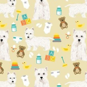 westie baby fabric - dog fabric, baby shower fabric, expecting fabric, pet, cute gender neutral fabric -  yellow