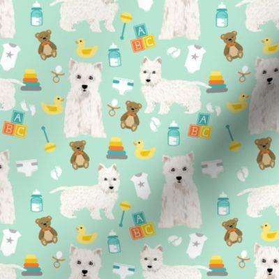 westie baby fabric - dog fabric, baby shower fabric, expecting fabric, pet, cute gender neutral fabric - mint