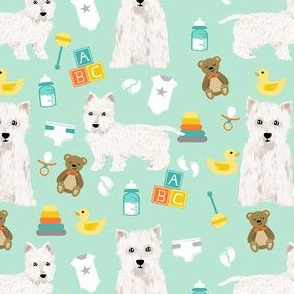 westie baby fabric - dog fabric, baby shower fabric, expecting fabric, pet, cute gender neutral fabric - mint