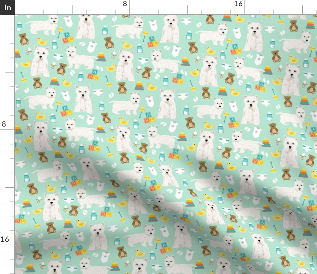 westie baby fabric - dog fabric, baby shower fabric, expecting fabric, pet, cute gender neutral fabric - mint