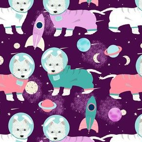 westie space fabric - west highland terrier, westie astronaut fabric, dog astronaut fabric, dog fabric cute dog fabric dogs - purple