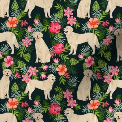 golden retriever hawaiian fabric - dog fabric, hawaiian floral fabric, dog fabric, dogs fabric -  black