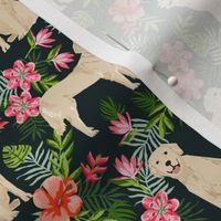 golden retriever hawaiian fabric - dog fabric, hawaiian floral fabric, dog fabric, dogs fabric -  black