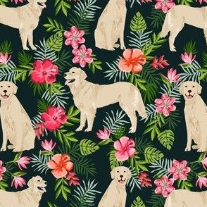 golden retriever hawaiian fabric - dog fabric, hawaiian floral fabric, dog fabric, dogs fabric -  black
